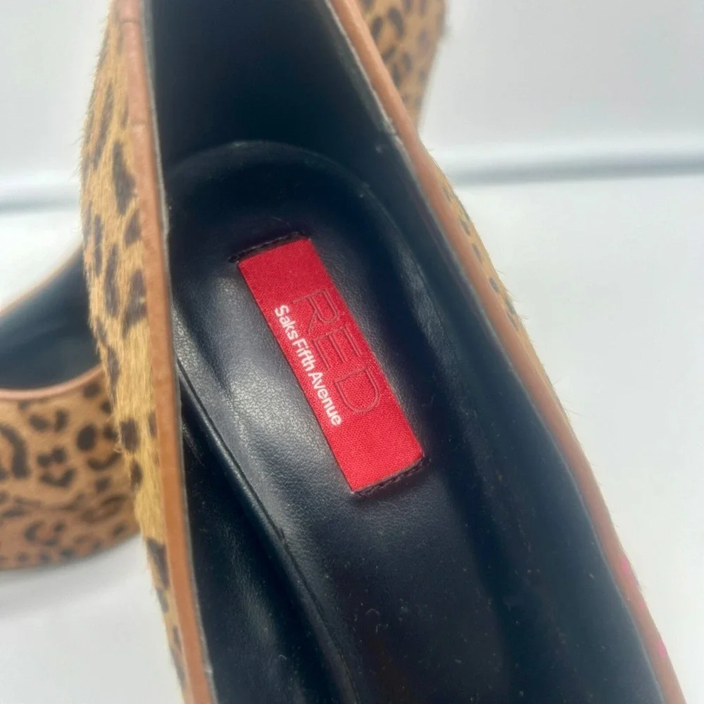 NEW Red Saks Fifth Avenue Ramona Platform Heels Women 8.5 Dyed Calf Fur‎ Leopard